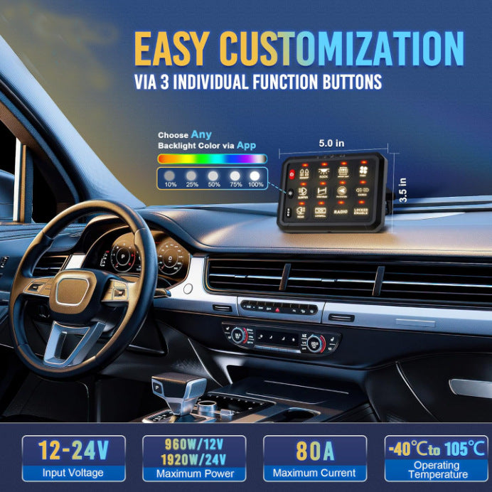 12-Gang Switch Panel Switches with Bluetooth APP Control – RGB Touch Control for RV, Yacht & Off-Road Vehicles