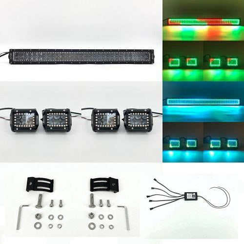 Package of 1 4D Lens Slide Bracket RGB Chasing Halo Light Bar & 4 Pack 3"/ 4"RGB Chasing Halo Pods with Bluetooth App Remote Control-package deal-Vivid Light Bars