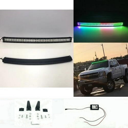 50" Curved RGB Chasing Halo Light Bar with IP68 waterproof rating and stainless mounting brackets on a truck.
