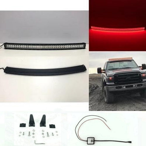 50'' RGB Halo Curved Light Bar with mounting bracket and wiring harness, displaying red halo on a truck.